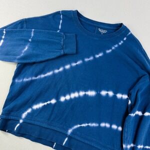 Athleta Womens Blue Tie Dye Shibori Relaxed Cropped Sweatshirt Size M Crew Neck
